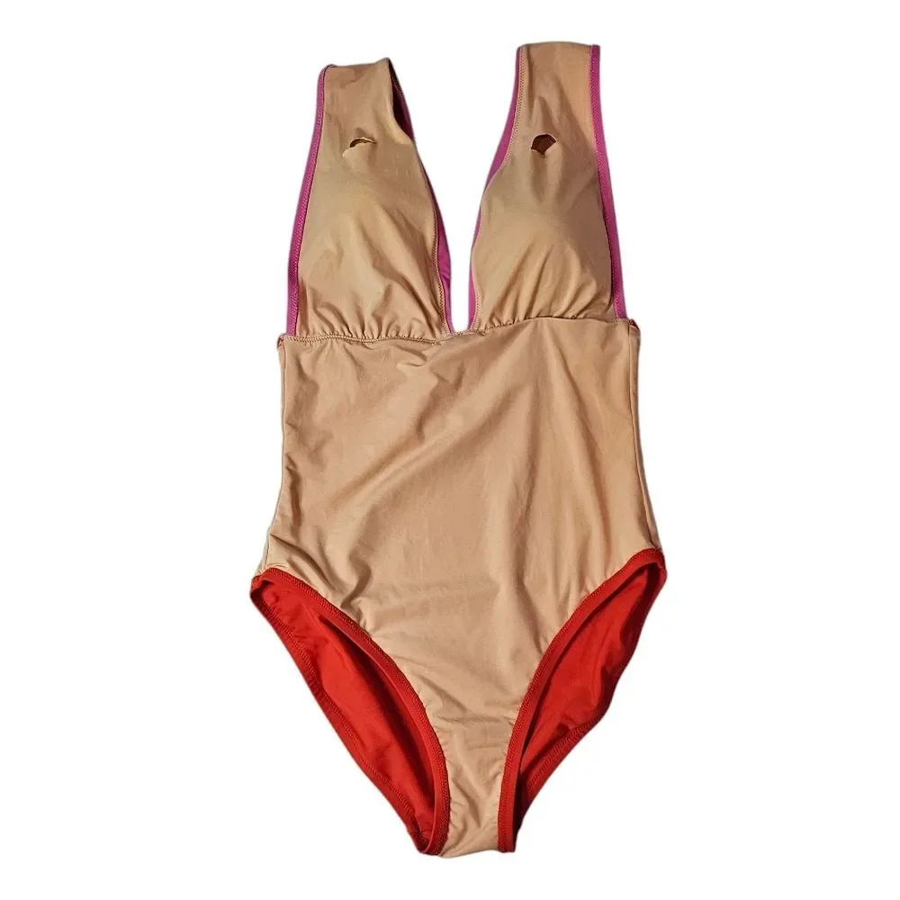J. Crew Plunge V-Neck One-Piece Swimsuit Orange & Pink, Size M, Good Condition